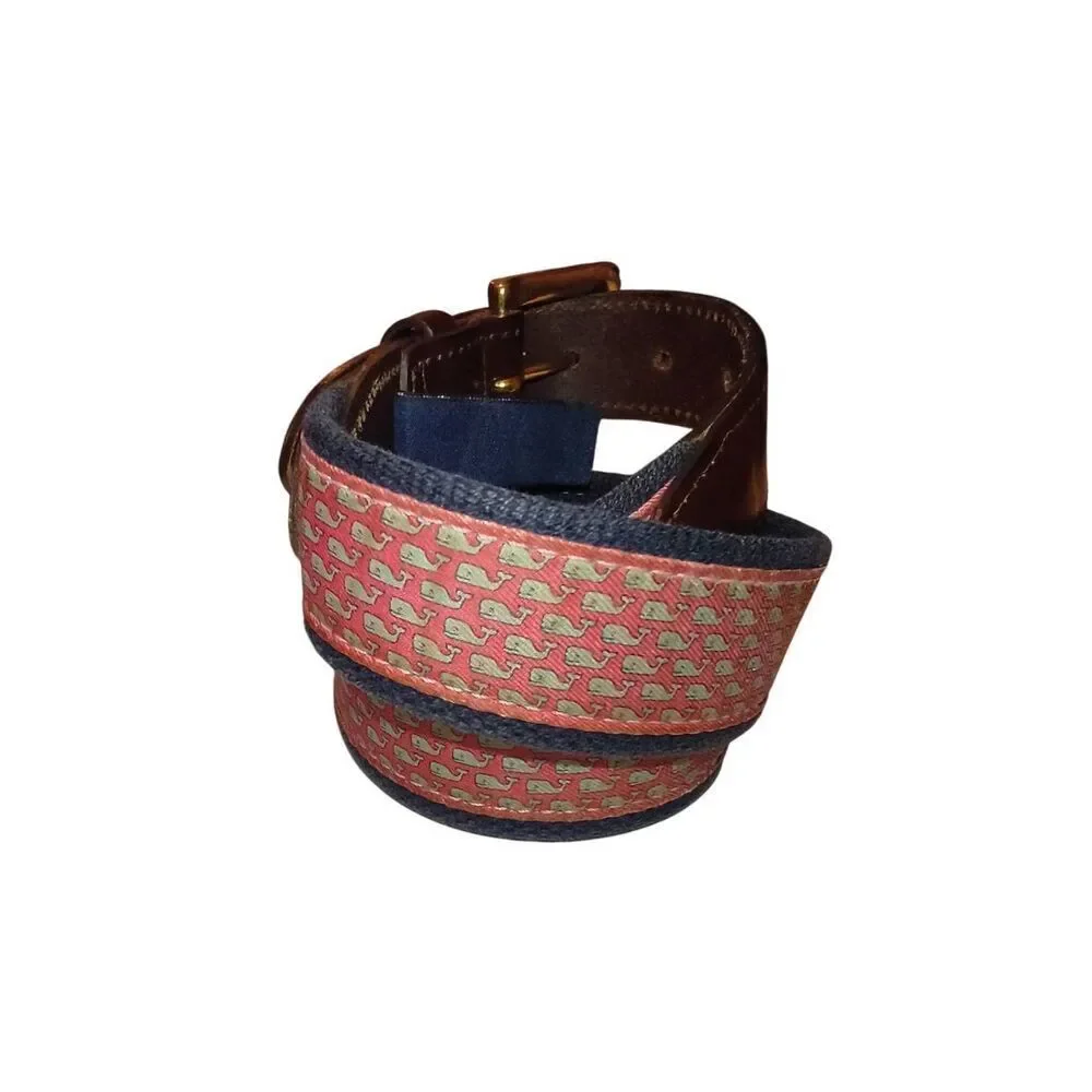 Vineyard Vines Men's Preppy Pink Whale Print Canvas & Leather Club Belt Size 32